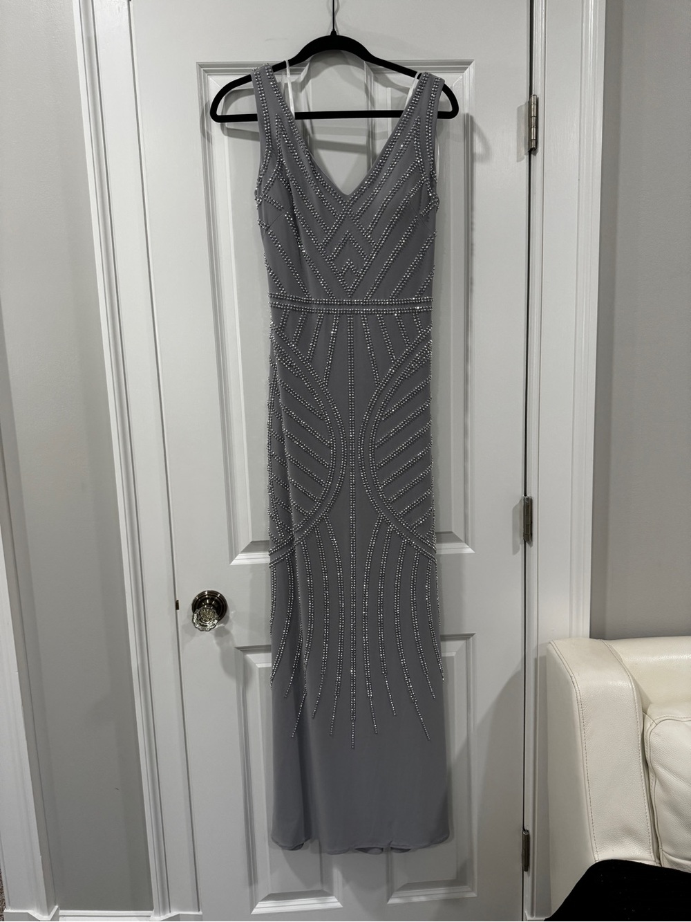 Elegant Beaded V-Neck Evening Dress - Gray